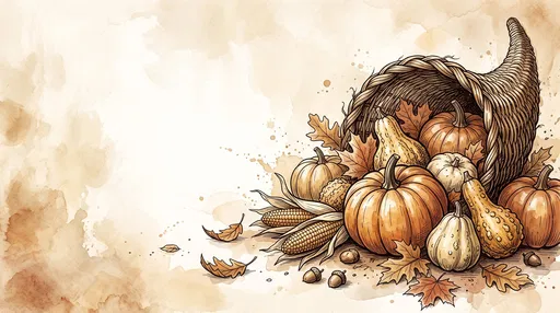 Sepia Watercolor Cornucopia With Autumn Harvest