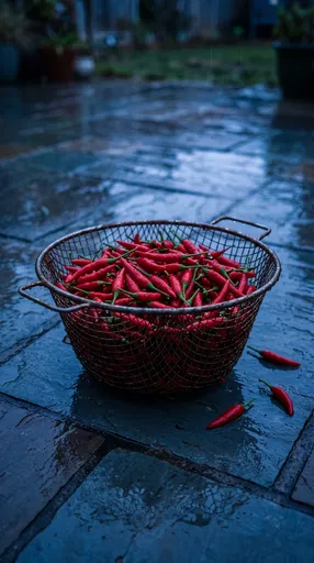 Red Thai Chilies in Wire Colander