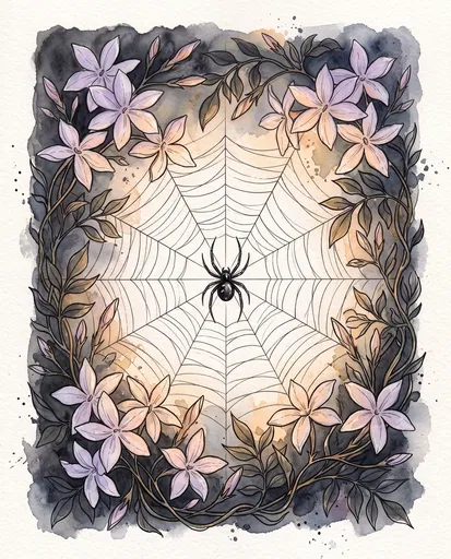 Watercolor Black Spider and Jasmine Frame