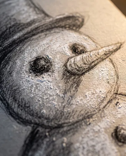Macro Charcoal and Chalk Snowman Drawing