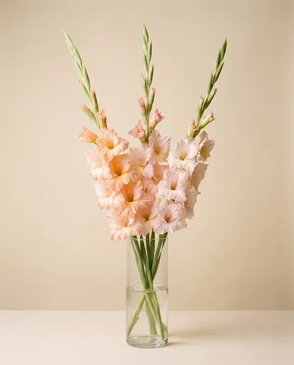 Pastel Peach Gladiolus in Glass Vase