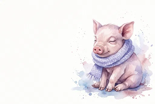 Watercolor Sleepy Piglet in Periwinkle Scarf