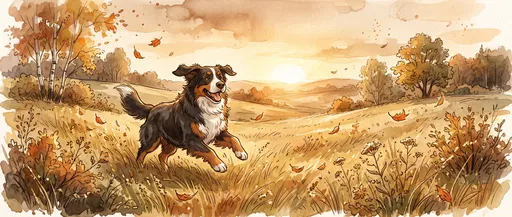 Watercolor Bernese Mountain Dog in Autumn Meadow