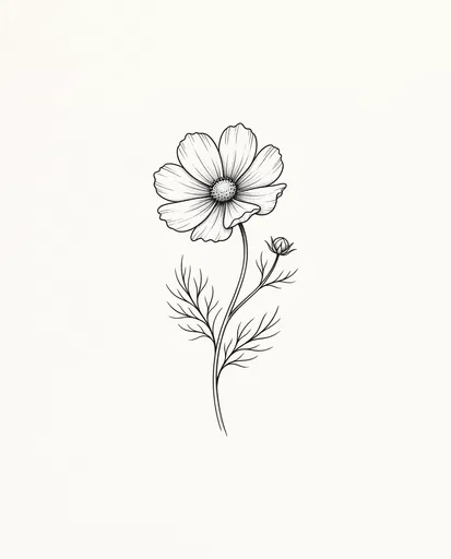 Minimalist Black Ink Cosmos Flower Illustration