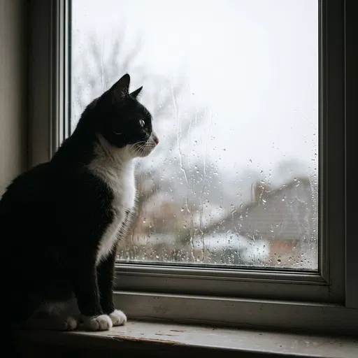 Tuxedo Cat Looking Out Rainy Window