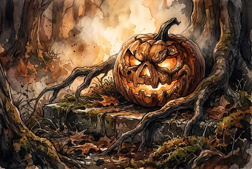 Gothic Watercolor Jack-o'-Lantern in Forest Roots