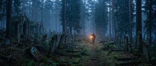 Groundskeeper With Lantern in Misty Forest Cemetery