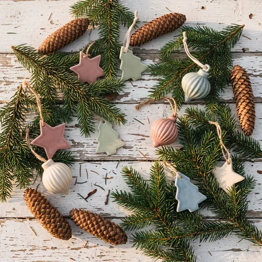 Spruce Branches Cones Pastel Ornaments Flat Lay