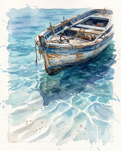 Watercolor Wooden Boat in Clear Shallows
