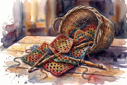 Watercolor Basket With Granny Squares and Hooks