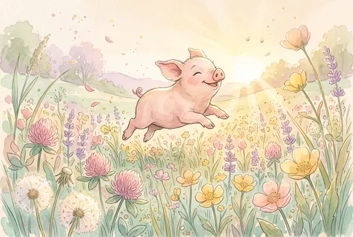 Watercolor Piglet Leaping Over Pastel Meadow Flowers