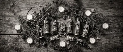 Monochrome Pewter Nativity Scene Flat Lay