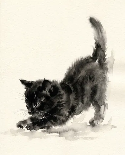Ink Wash Painting of Stretching Kitten