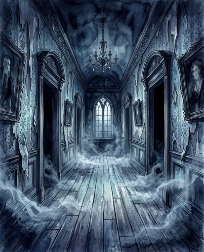 Gothic Watercolor Haunted Mansion Corridor