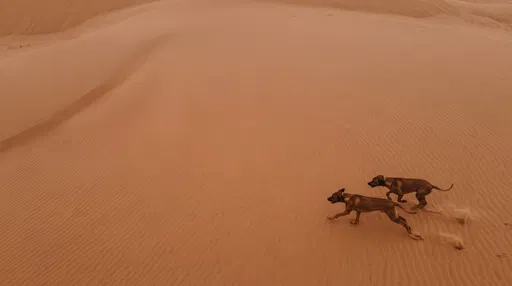 Two Dogs Running Across Desert Sand Dunes
