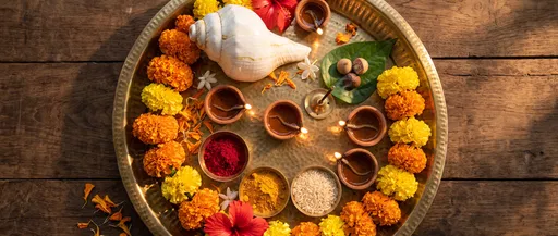 Traditional Hindu Puja Platter Flat Lay