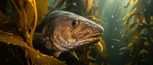 Atlantic Cod Peering Through Kelp Forest
