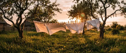 White Sheets Drying in Sunset Orchard