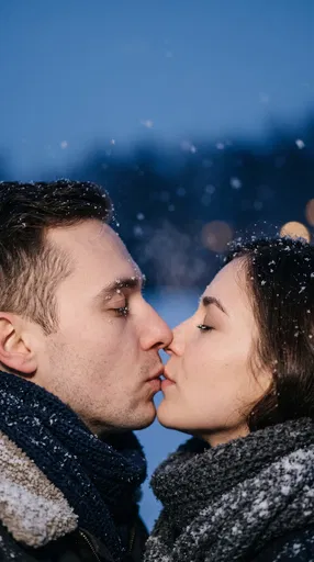 Couple Kissing in Snowy Blue Hour