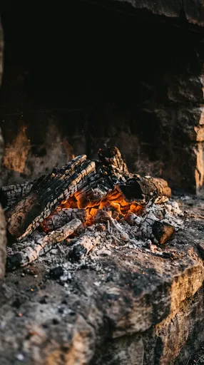 Glowing Embers in Rustic Stone Hearth