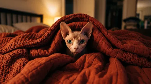 Sphynx Cat Peeking Under Red Blanket