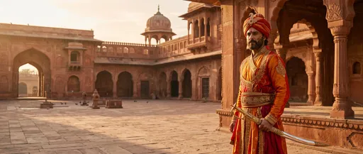Traditional Indian Warrior in Sandstone Courtyard