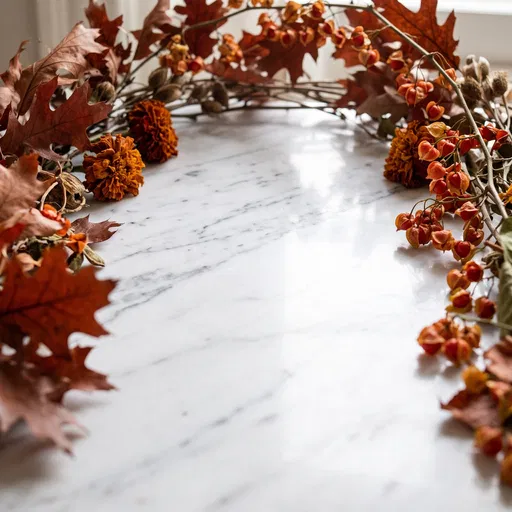 Autumn Foliage Framing White Marble Surface