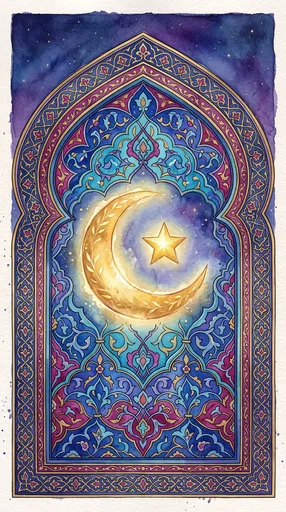 Watercolor Islamic Arch with Golden Moon