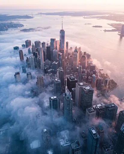 Aerial View of Foggy City Skyline at Sunrise