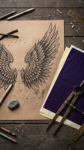Charcoal Wing Tattoo Sketch Flat Lay