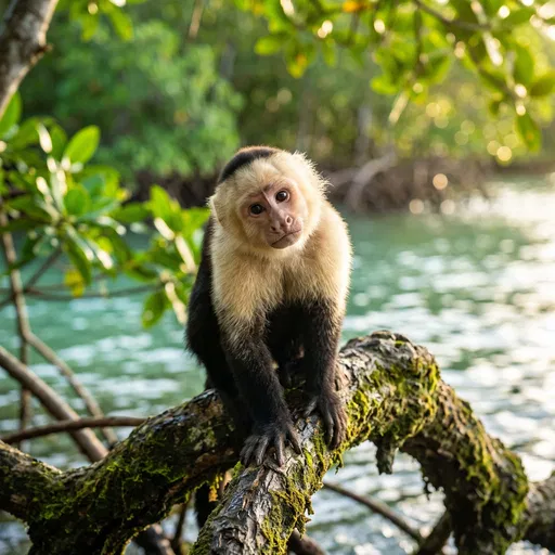 Capuchin Monkey on Mossy Mangrove Branch