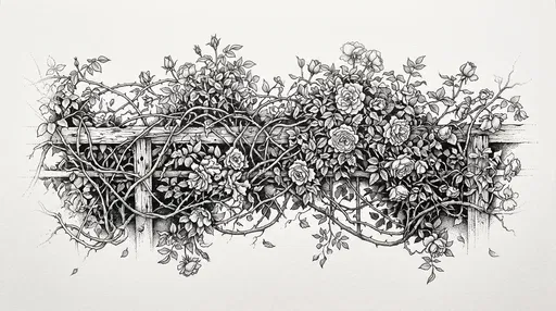 Black Ink Stipple Rose Trellis Illustration