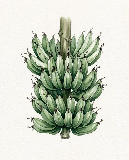 Botanical Watercolor Illustration of Green Banana Cluster