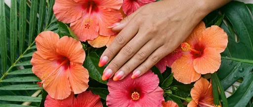 Ombre Almond Nails Among Tropical Hibiscus Flowers
