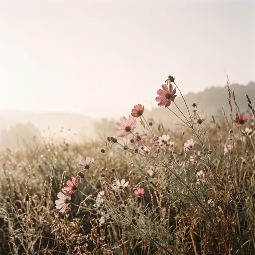 Wild Cosmos Flowers in Morning Haze