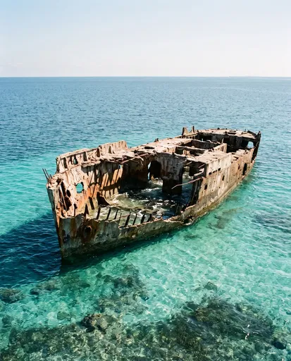Weathered Concrete Shipwreck in Turquoise Water