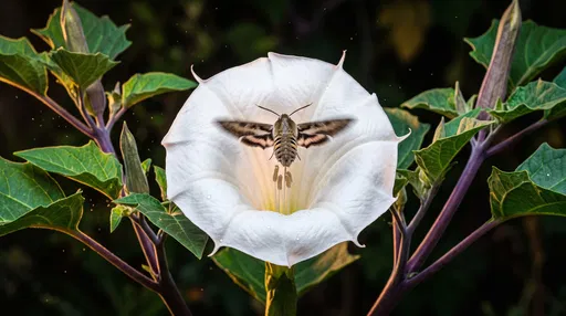 Hawk Moth Hovering Over White Datura Flower
