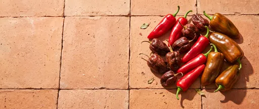 Assorted Fresh Peppers on Terracotta Tiles