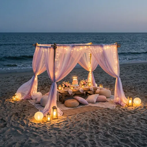 Twilight Beach Birthday Picnic Under Canopy