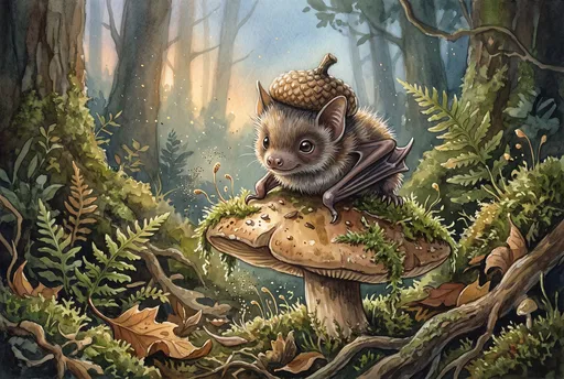 Cute Bat in Acorn Hat on Mushroom