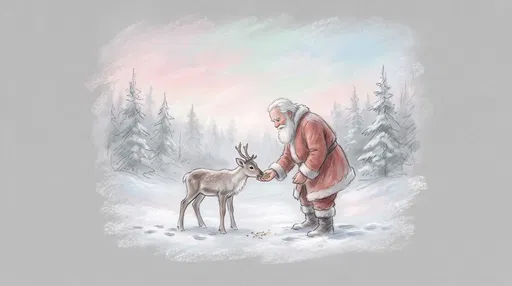 Pastel Drawing of Santa Feeding Reindeer