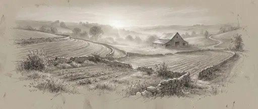 Charcoal Drawing of Pastoral Valley Farm