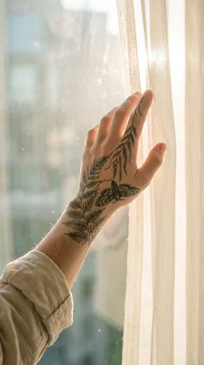 Sunlit Hand With Botanical Moth Tattoo