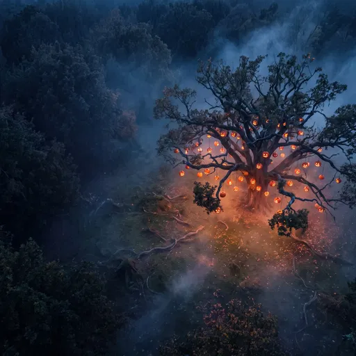 Glowing Jack-O'-Lantern Tree in Misty Forest