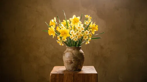 Yellow Daffodils in Rustic Clay Vase