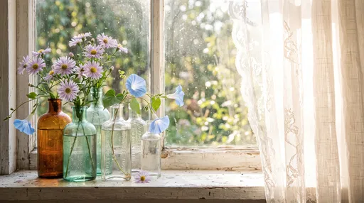Asters and Morning Glories on Cottage Windowsill