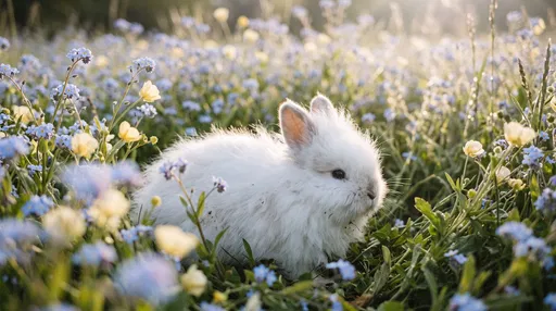Fluffy White Rabbit in Wildflower Meadow