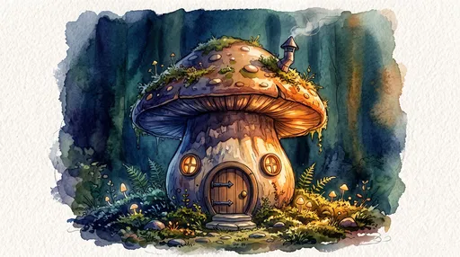 Watercolor Whimsical Mushroom Cottage Illustration