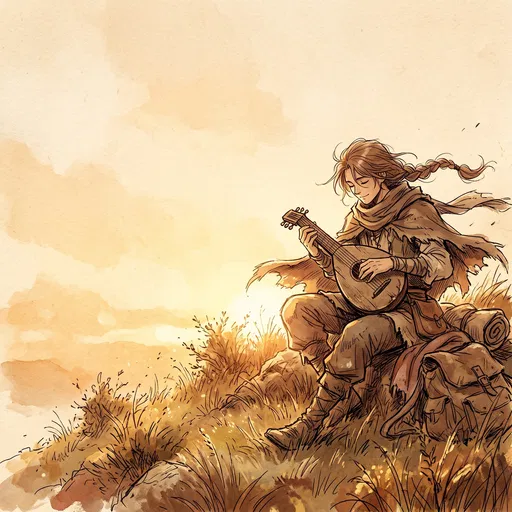 Wandering Bard Playing Lute at Sunset