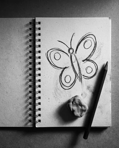 Monochrome Charcoal Butterfly Sketch in Notebook